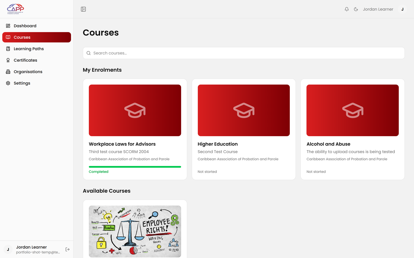 CAPP Learning LMS: course catalogue with enrolments and available courses