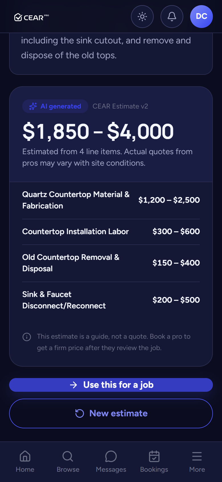 AI cost estimate: ranged total with line items, from a description and photo