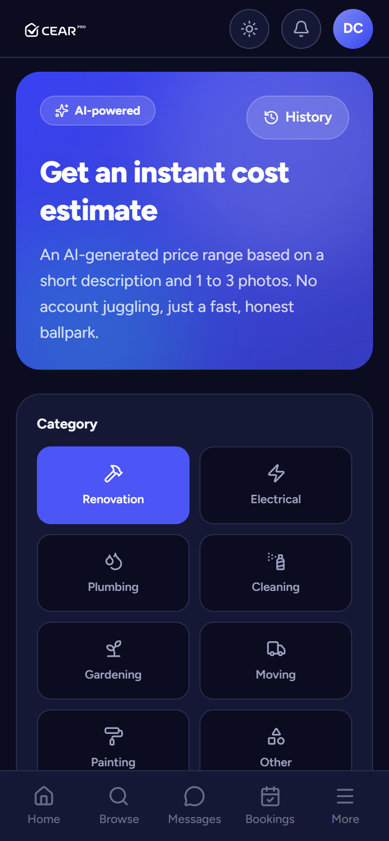 AI estimator input: category, description, photos