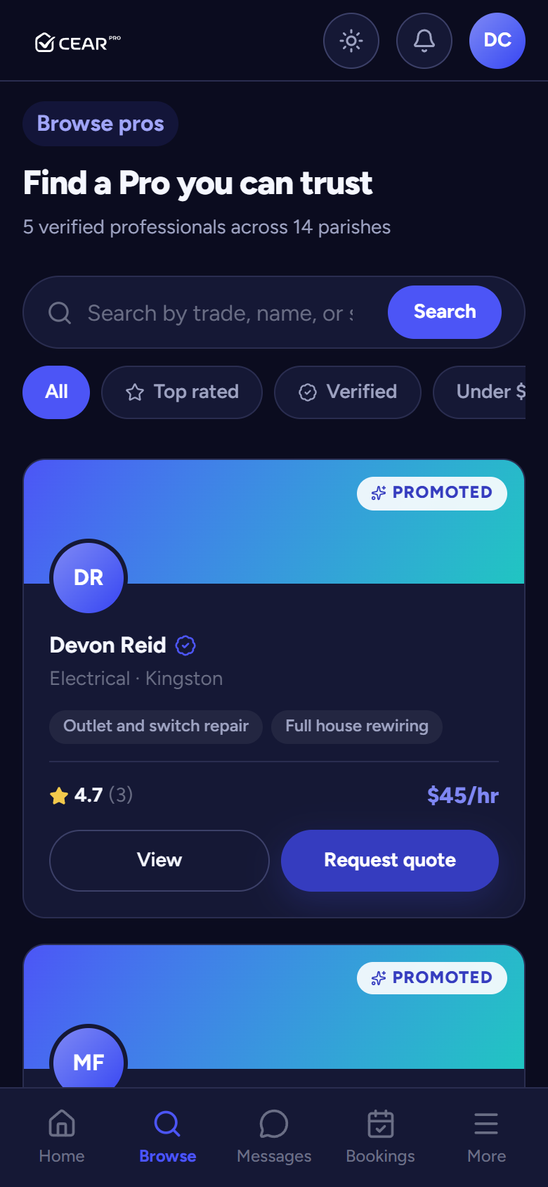Find a Pro directory with verified badges and quote requests