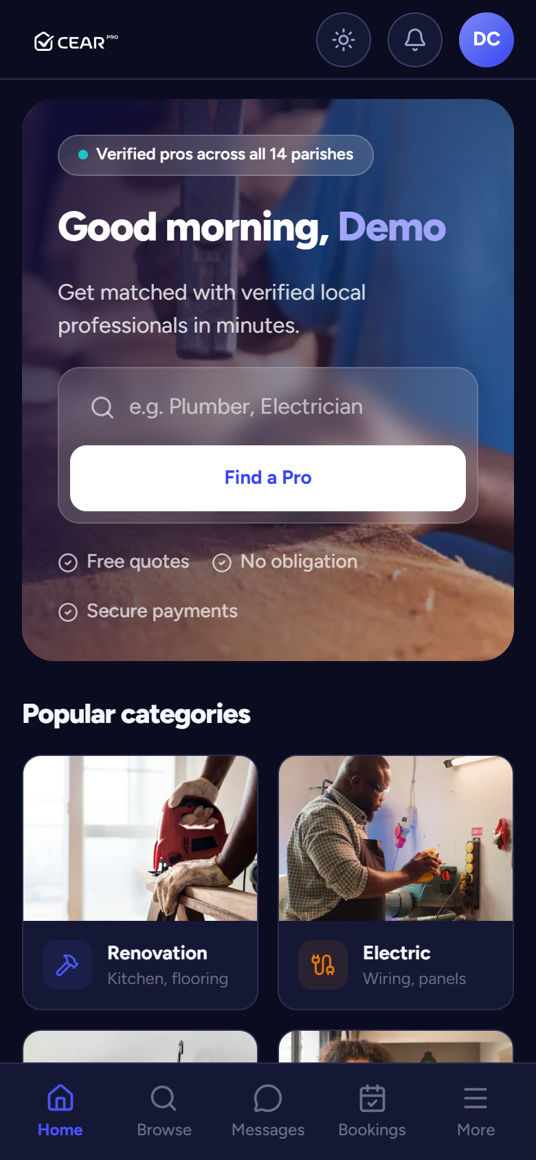 Client home with categories and search