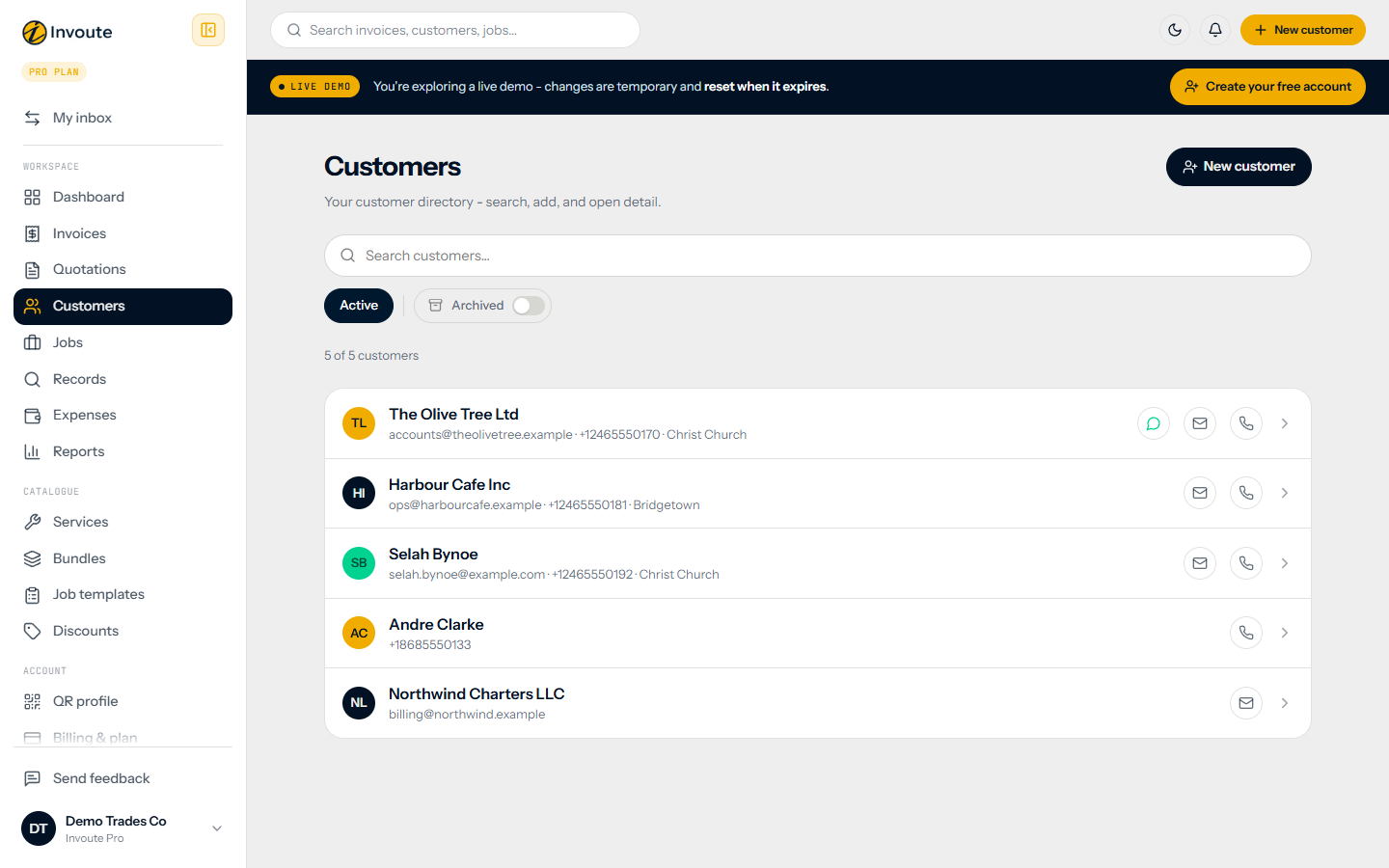 Customer list (live demo workspace)