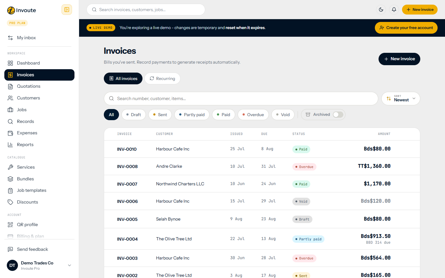 Invoice list (live demo workspace)